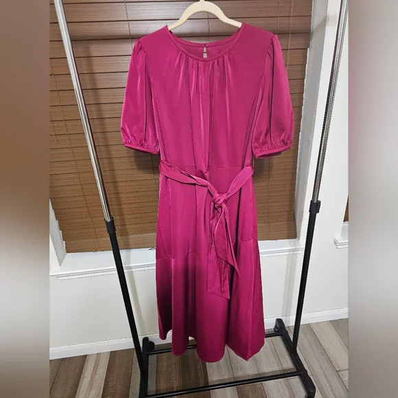 Donna Karan Fuchsia Midi Dress with Puff Sleeves - Picture 6 of 9